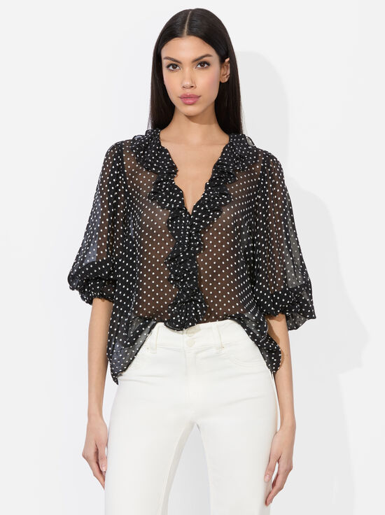 BLACK/OFF WHITE POLKA DOT-BETSIE RUFFLED BLOUSE