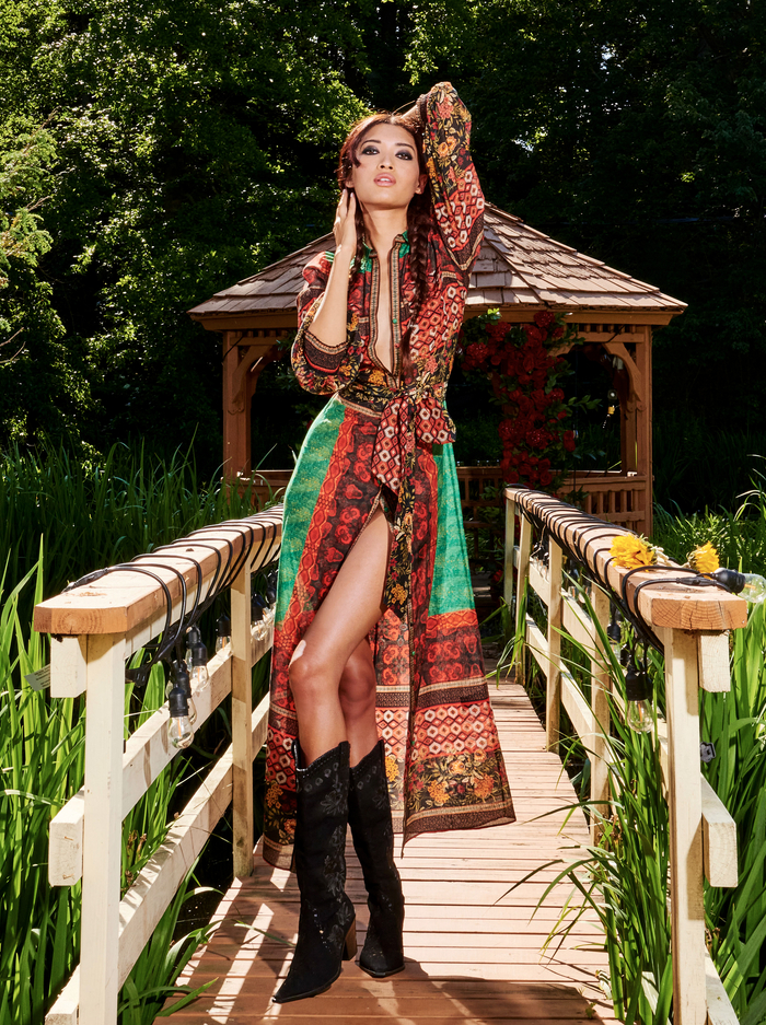 BEVERLY BUTTON FRONT MAXI DRESS - NOMAD MULTI image 7 - Alice And Olivia