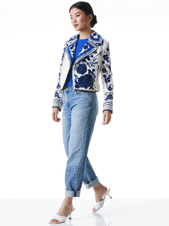 CODY EMBROIDERED LEATHER MOTO JACKET - WHITE/MULTI image 2 - Alice And Olivia