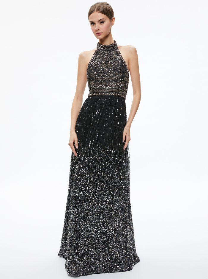 JAEL EMBELLISHED HALTER NECK MAXI GOWN - BLACK/MULTI - Alice And Olivia