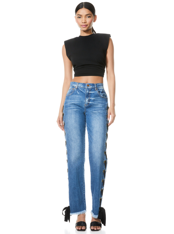 Shayne Lace Up Ribbon Jean In Best Intentions/blk | Alice And Olivia