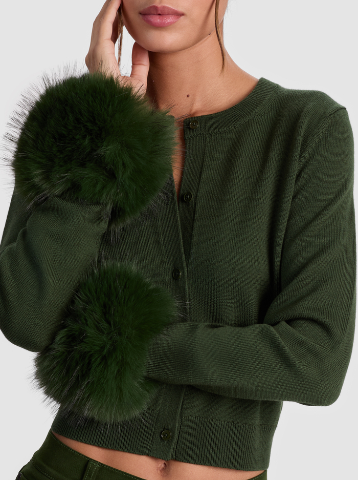 DOLLIE FAUX FUR CUFF CARDIGAN - DARK OLIVE image 3 - Alice And Olivia