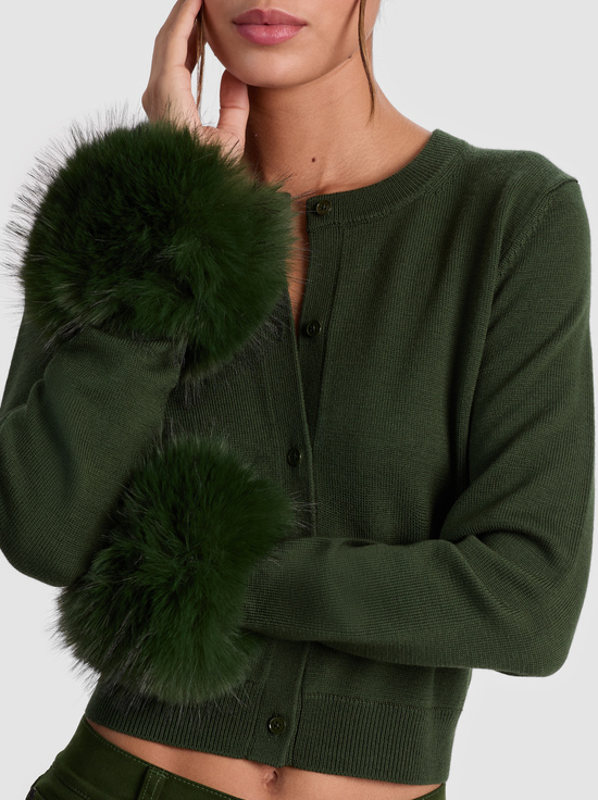 DARK OLIVE-DOLLIE FAUX FUR CUFF CARDIGAN