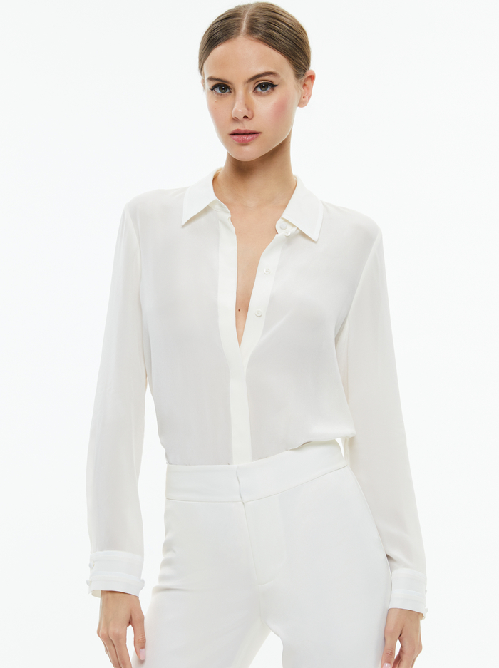 WILLA RELAXED PLACKET TOP WITH PIPING DETAIL - OFF WHITE - Alice And Olivia