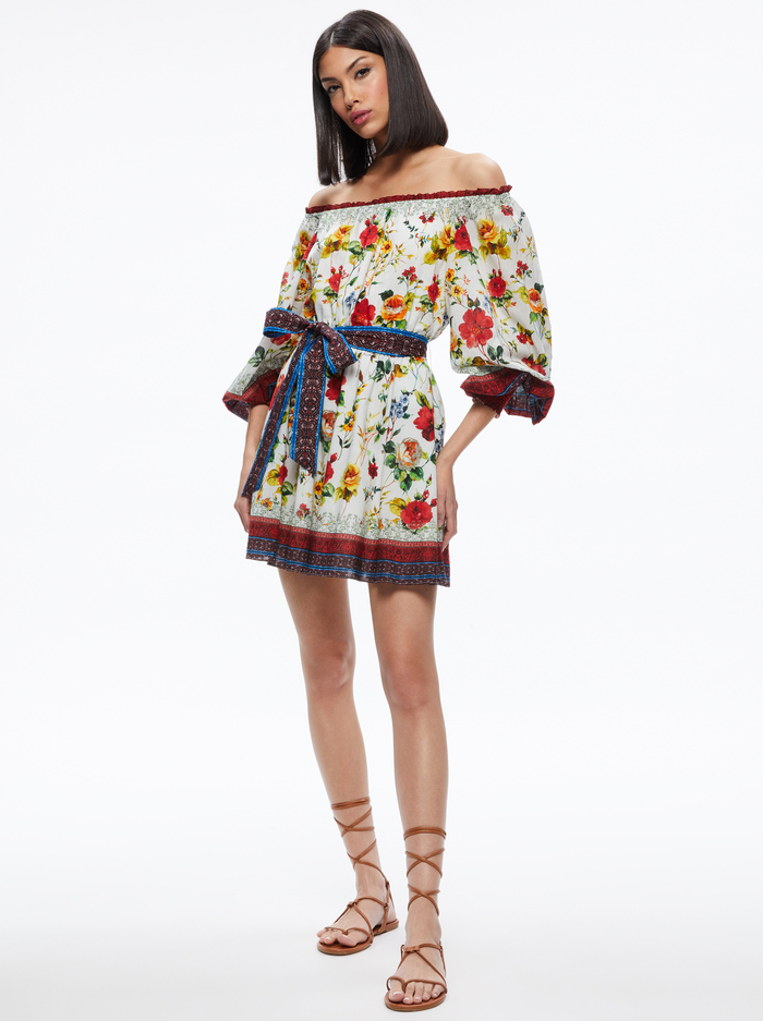 MARY OFF SHOULDER TIE BELT DRESS - DEW FLORAL image 4 - Alice And Olivia