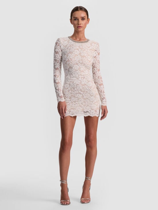 white lace mini bodycon dress White Lace Bodycon - Lace Mini Dress - Long Sleeve Lace Dress