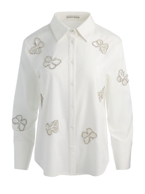 OFF WHITE/SILVER CRYSTAL-FINELY EMBELLISHED CUTOUT BUTTON DOWN
