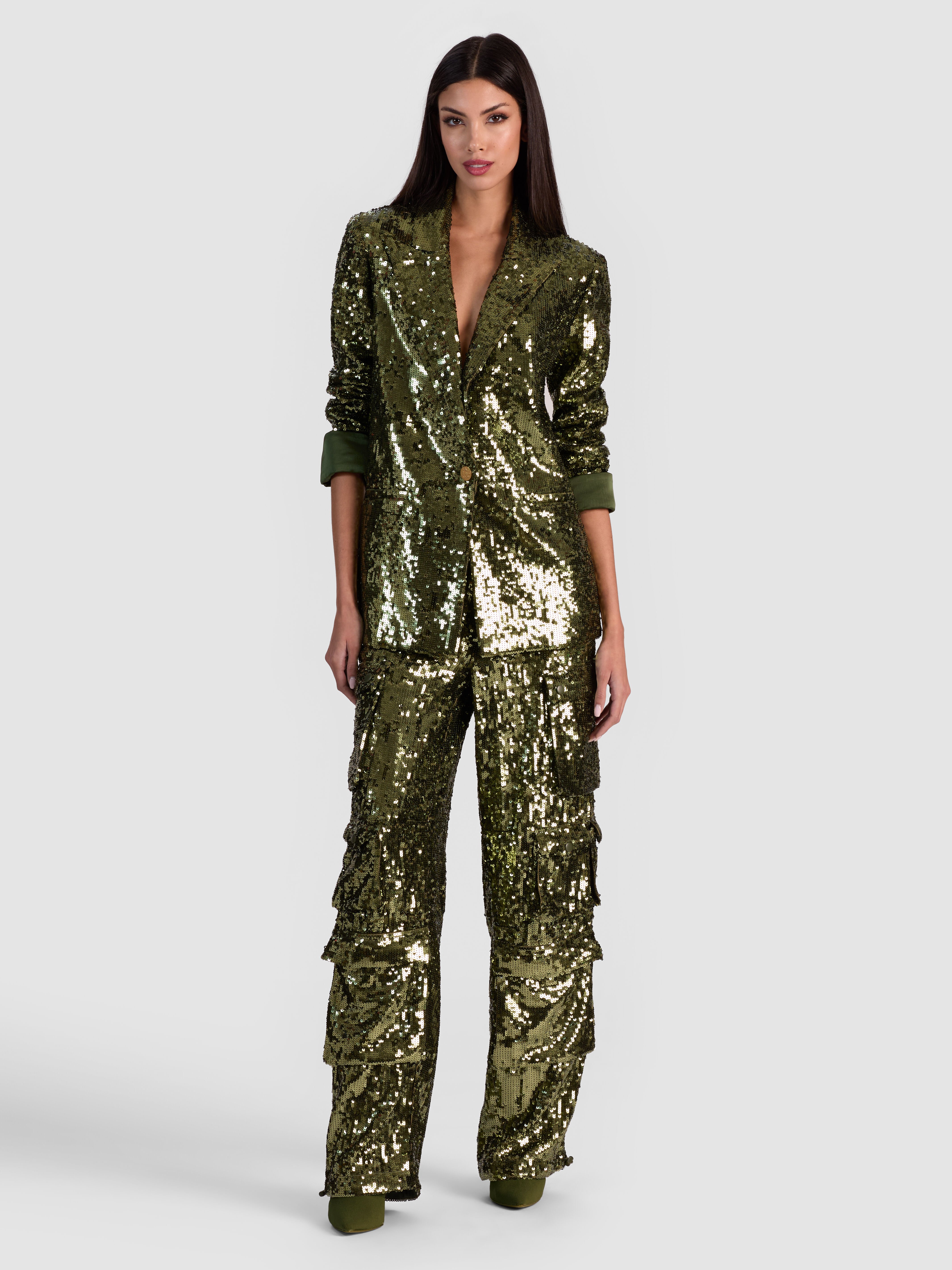 OLYMPIA SEQUIN CARGO PANT in DARK OLIVE | ALICE + OLIVIA
