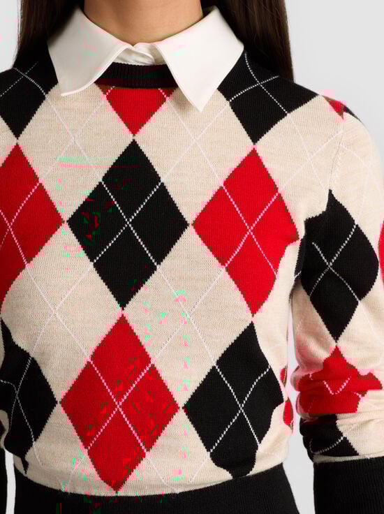 OATMEAL HTR/BLACK/PERFECT RUBY-CAROLANN ARGYLE PULLOVER