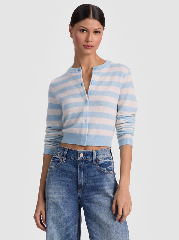 DOLLIE STRIPED CASHMERE CARDIGAN - CAROLINA BLUE/ECRU - ALICE + OLIVIA