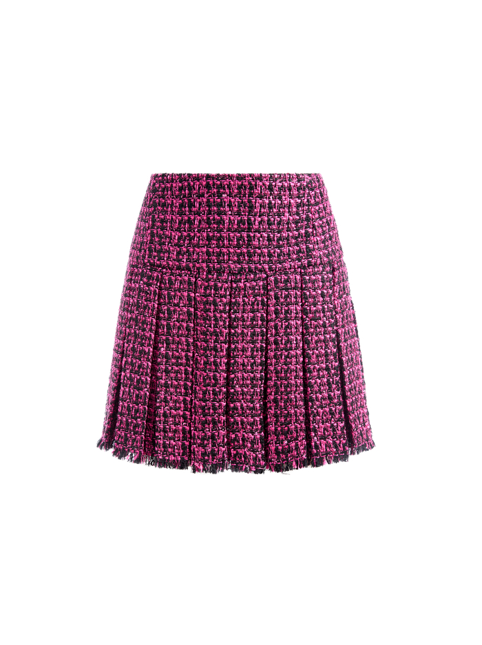 Emilie Pleated Tweed Mini Skirt In Black/wild Pink | Alice And Olivia