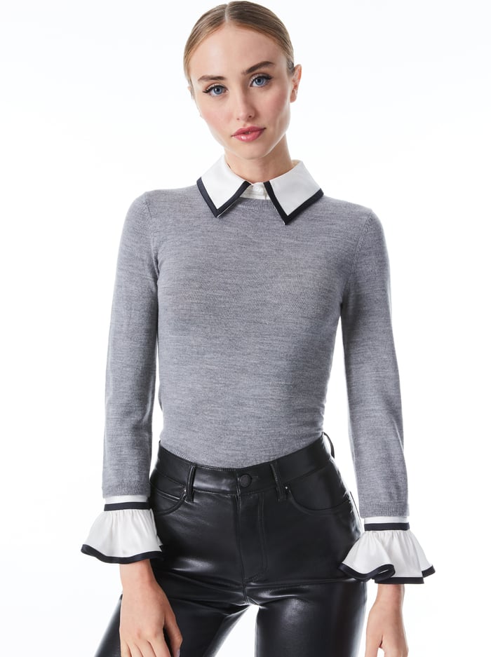 JUSTINA COMBINATION SWEATER - MED HEATHER GREY - Alice And Olivia