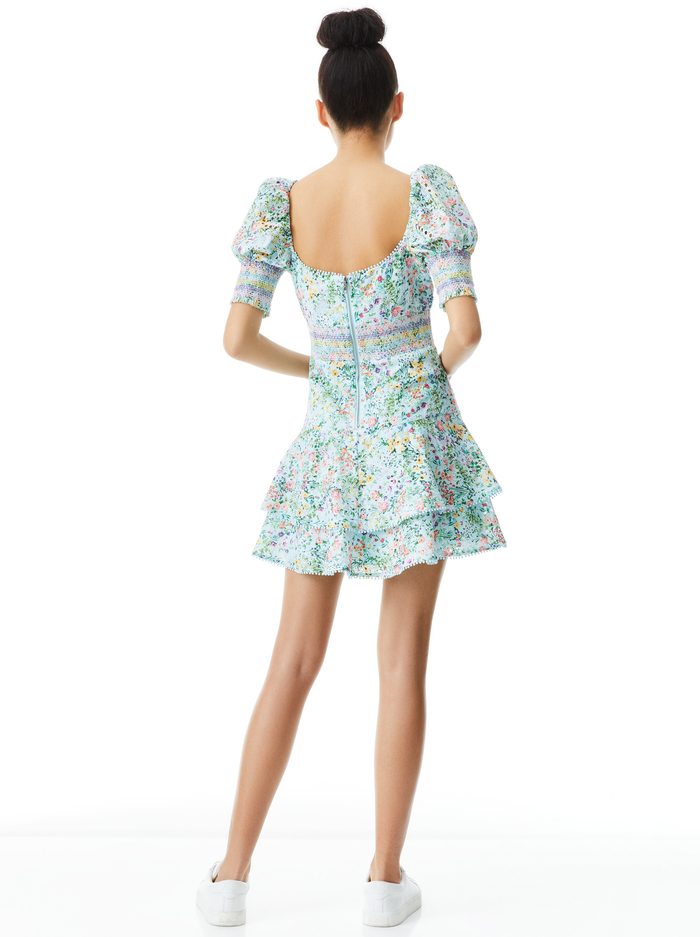 Powder Blue Floral Print Puff Sleeve Mini Dress