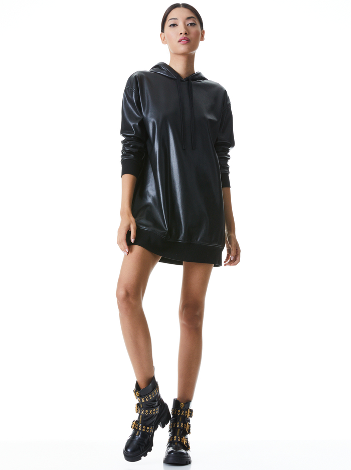 DECLAN VEGAN LEATHER SWEATSHIRT DRESS - BLACK image 4 - Alice And Olivia