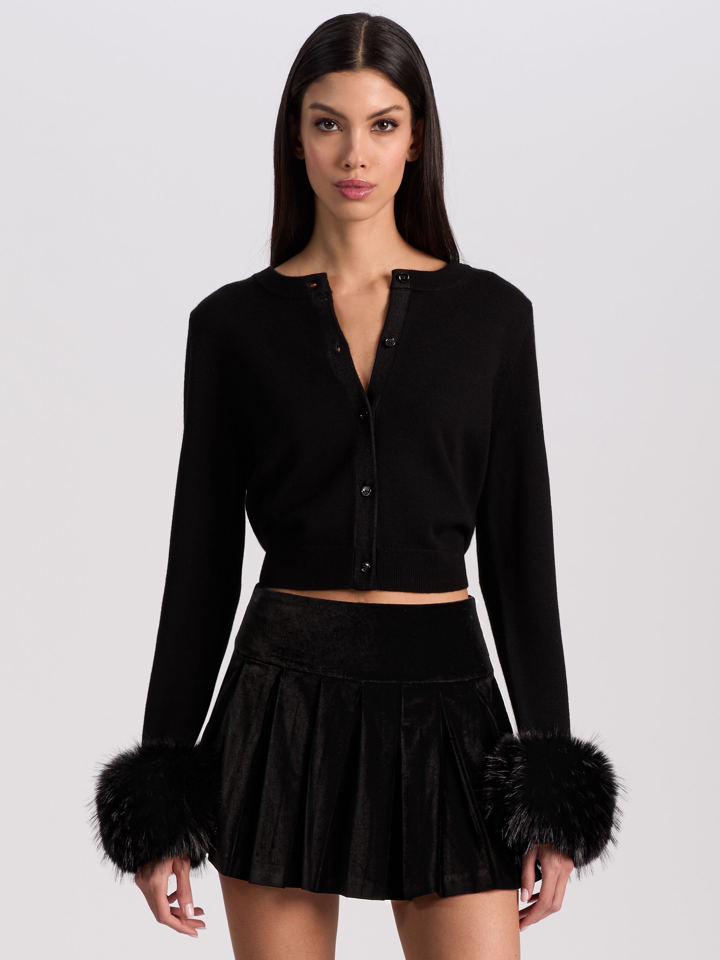 Dollie Faux Fur Cuff Cardigan In Black | Alice + Olivia