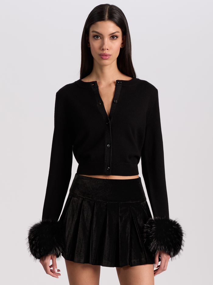 DOLLIE FAUX FUR CUFF CARDIGAN - BLACK - Alice And Olivia
