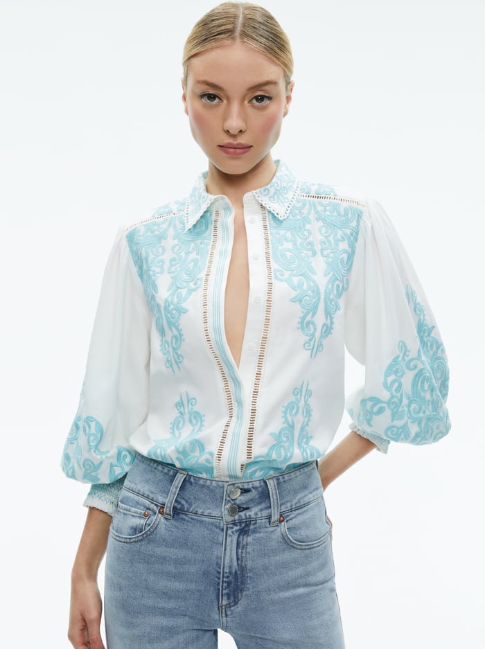 LORYN EMBROIDERED BUTTON DOWN BLOUSE - OFF WHITE/SPRING SKY - Alice And Olivia