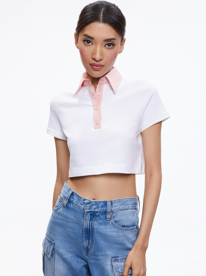 KIT CROPPED FITTED POLO SHIRT - WHITE/PETAL - Alice And Olivia