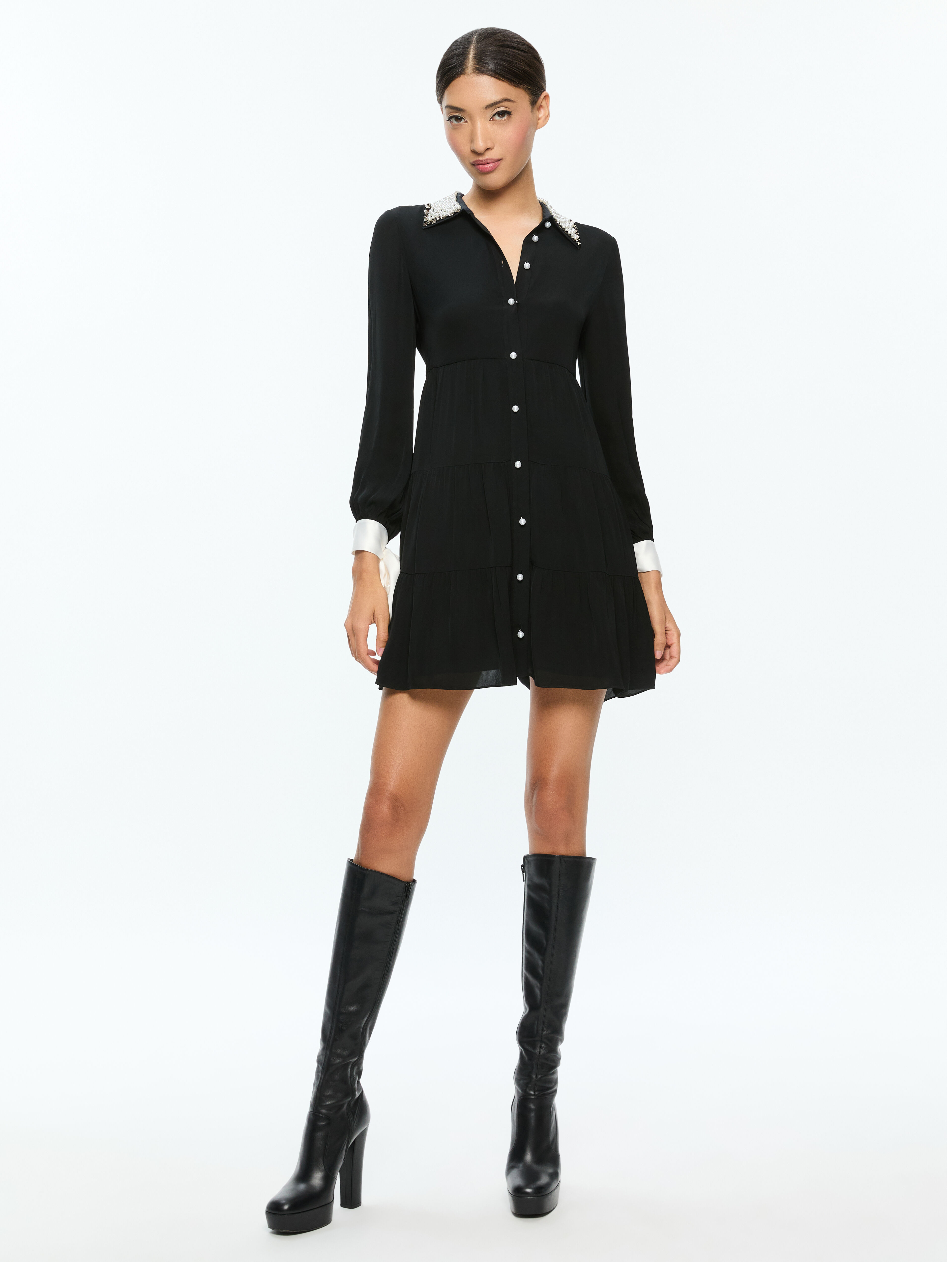 Meeko Embellished Collar Long Sleeve Mini Shirt Dress In Black Alice Olivia