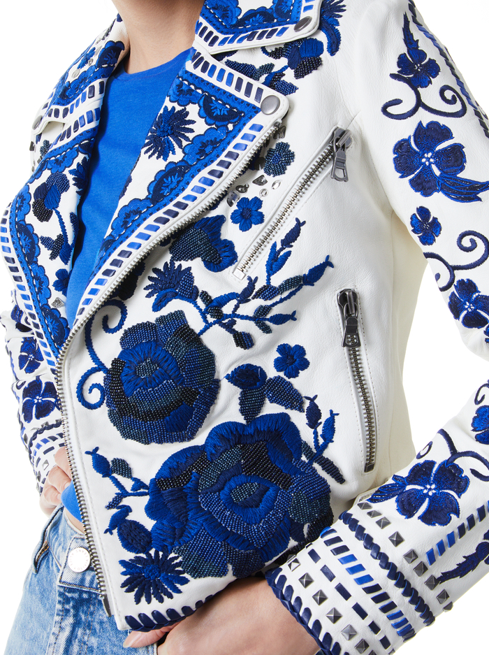 CODY EMBROIDERED LEATHER MOTO JACKET - WHITE/MULTI image 3 - Alice And Olivia