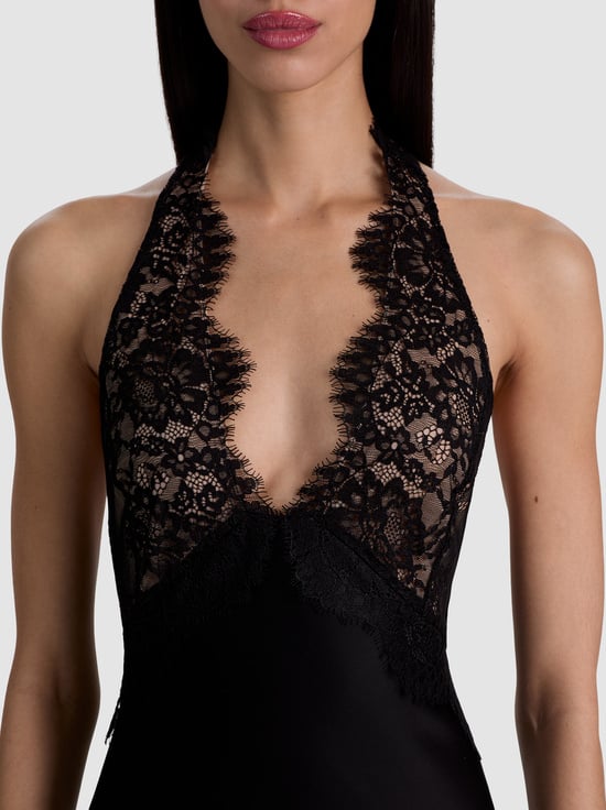 BLACK-VIOLA LACE HALTER MINI DRESS