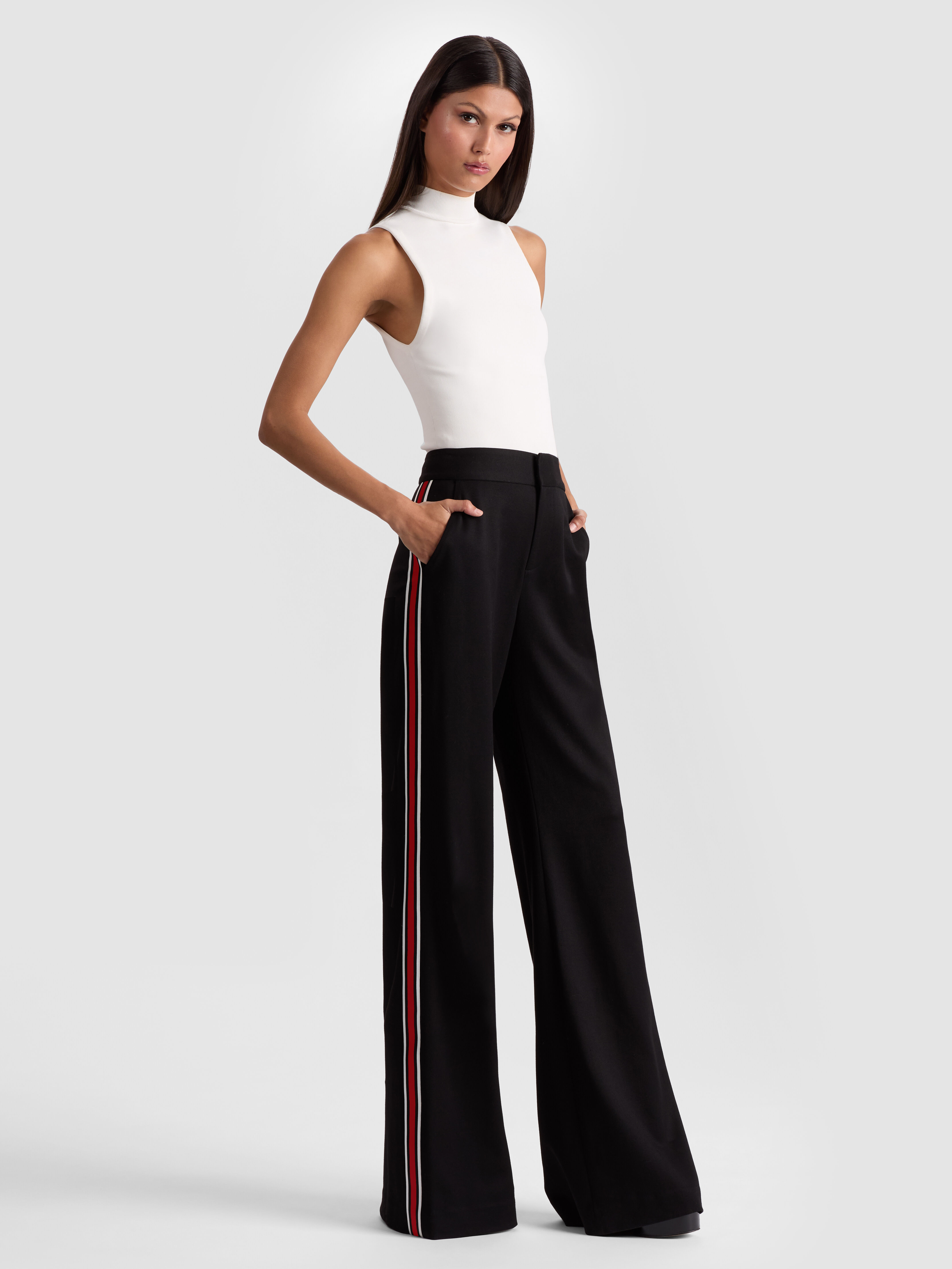 【ALICE+OLIVIA】Savetta High Waist Pants - Beyond Stripe Savetta High Waisted Wide Leg Side Slit Pant In Black