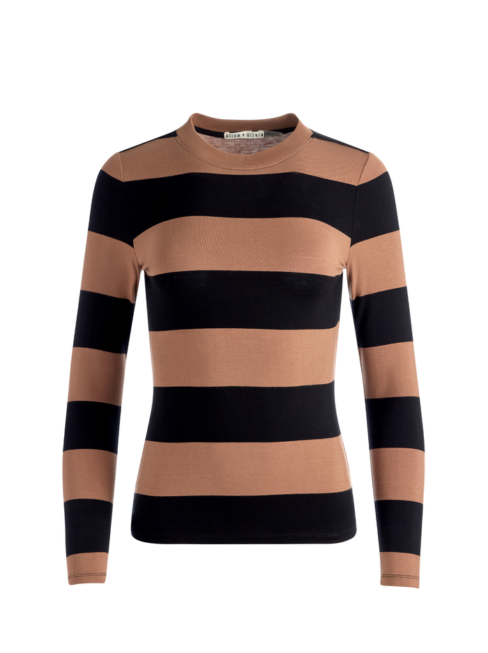 DELAINA LONG SLEEVE TOP - CAMEL/BLACK STRIPE image 5 - Alice And Olivia