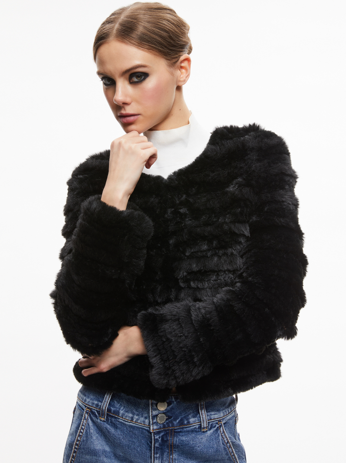 FAWN FAUX FUR TEXTURED JACKET - BLACK - Alice And Olivia