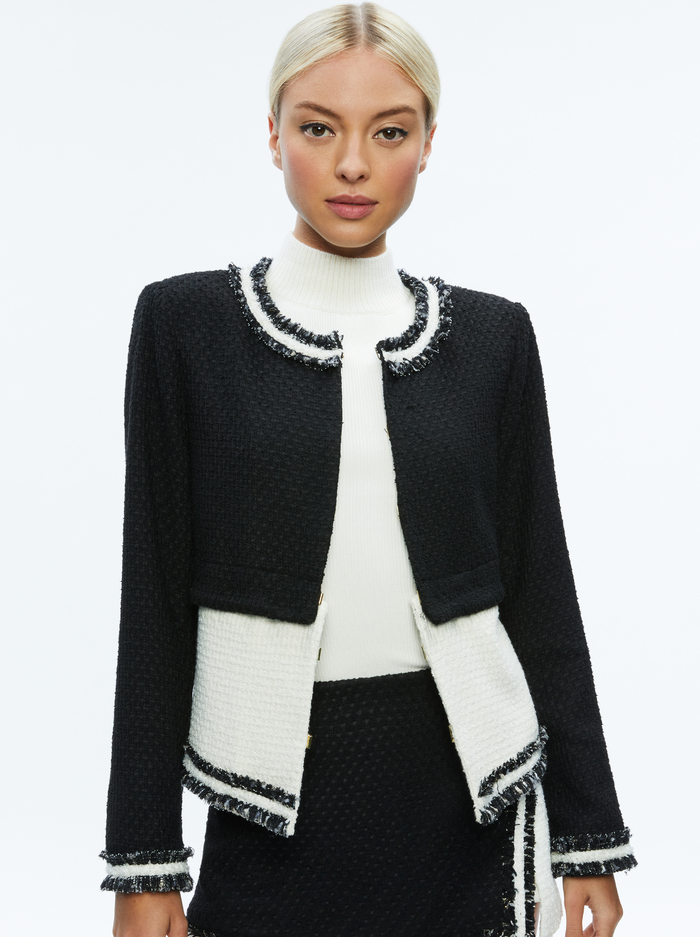 KIDMAN TWO-FER TWEED JACKET - BLACK/OFF WHITE - Alice And Olivia