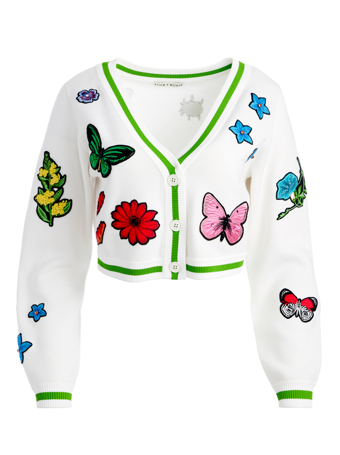 ARLEN CROPPED V-NECK CARDIGAN - SOFT WHITE/MULTI image 3 - Alice And Olivia