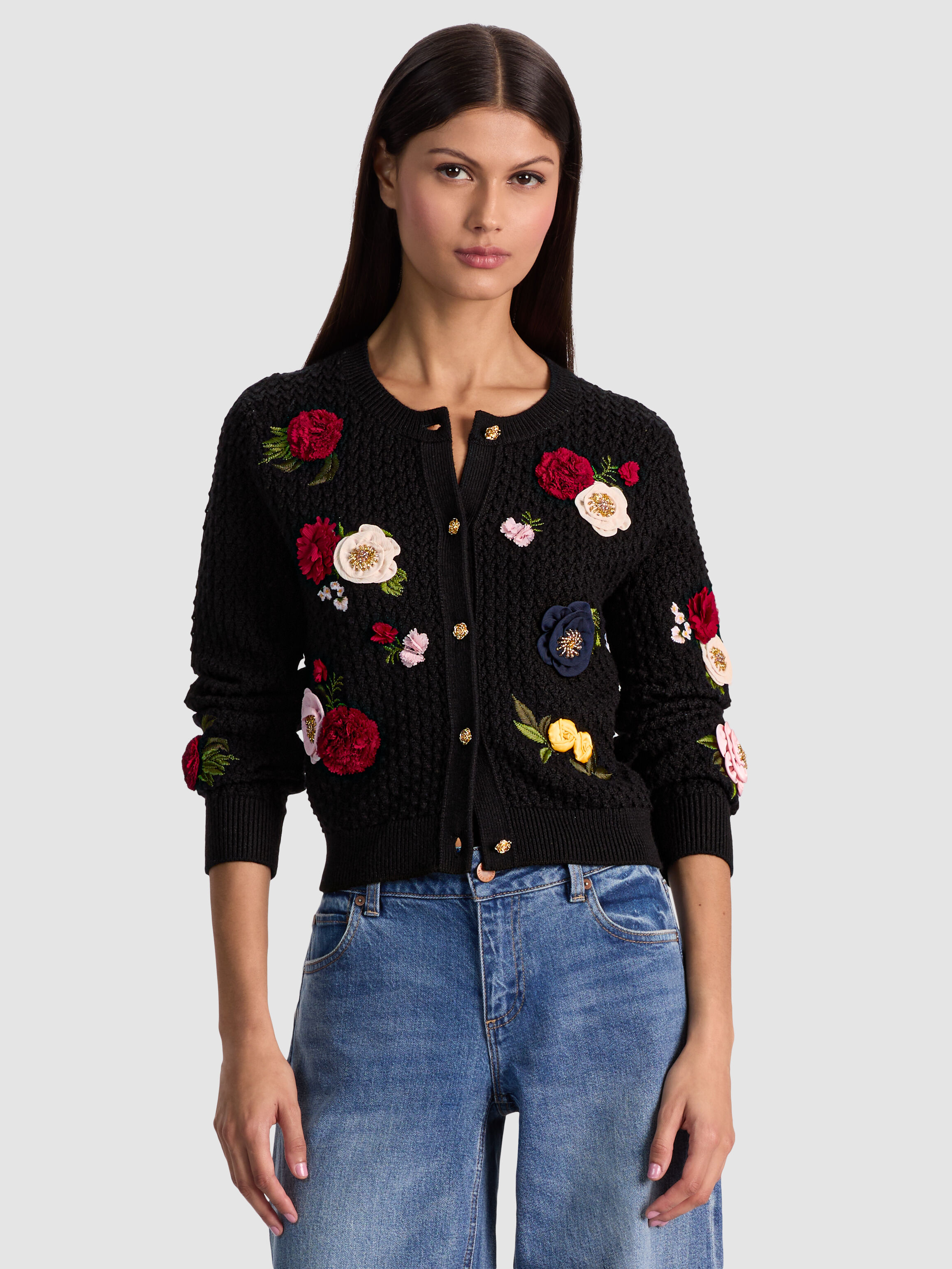 Dollie Floral Cardigan In Black Multi | Alice + Olivia