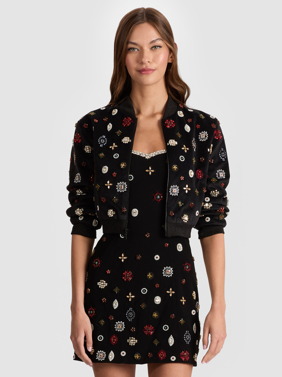 BLACK/MULTI-JACKIE EMBELLISHED BOMBER JACKET