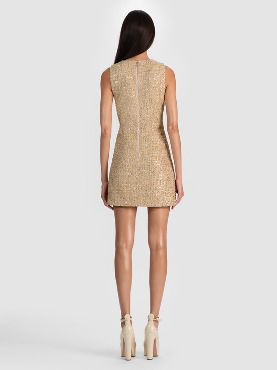 PALE GOLD-CADE EMBELLISHED TWEED MINI DRESS