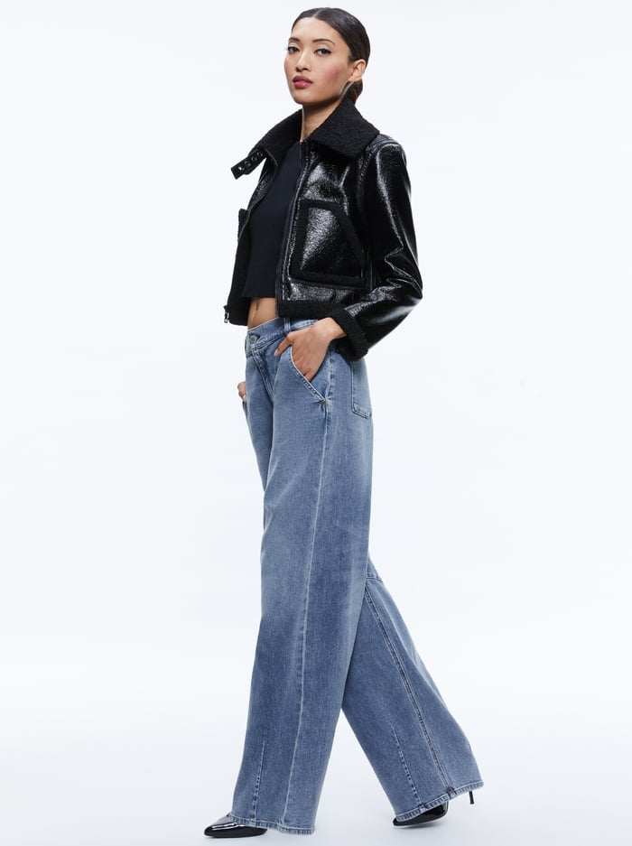 ISAIAH VEGAN LEATHER FAUX SHEARLING CROPPED JACKET - BLACK image 2 - Alice And Olivia