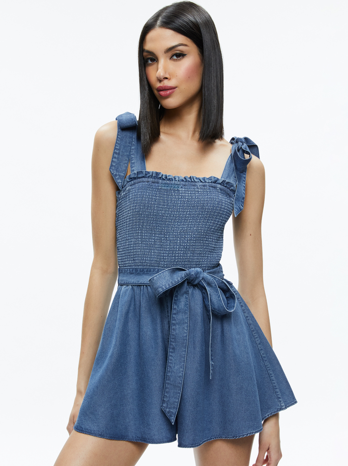 ROZ SMOCKED CHAMBRAY ROMPER - MEDIUM INDIGO CHAMBRAY image 1 - Alice And Olivia