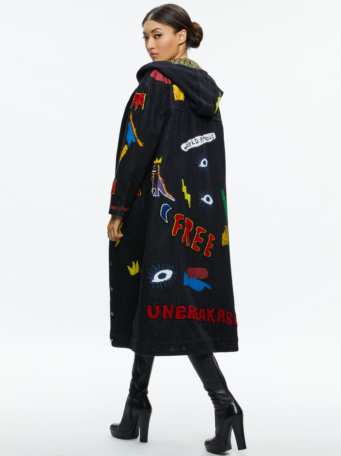 A+O X BASQUIAT JEFF MAXI DENIM JACKET - MAYA CHARCOAL BLACK image 1 - Alice And Olivia