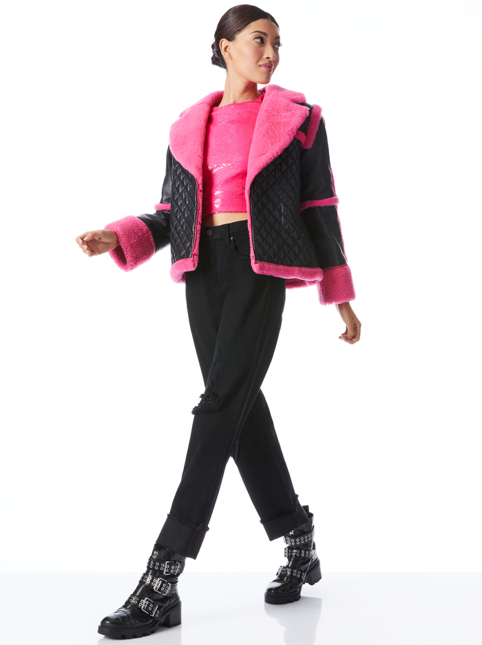 LUISANA COMBINATION LEATHER SHEARLING COAT - BLACK/WILD PINK image 4 - Alice And Olivia