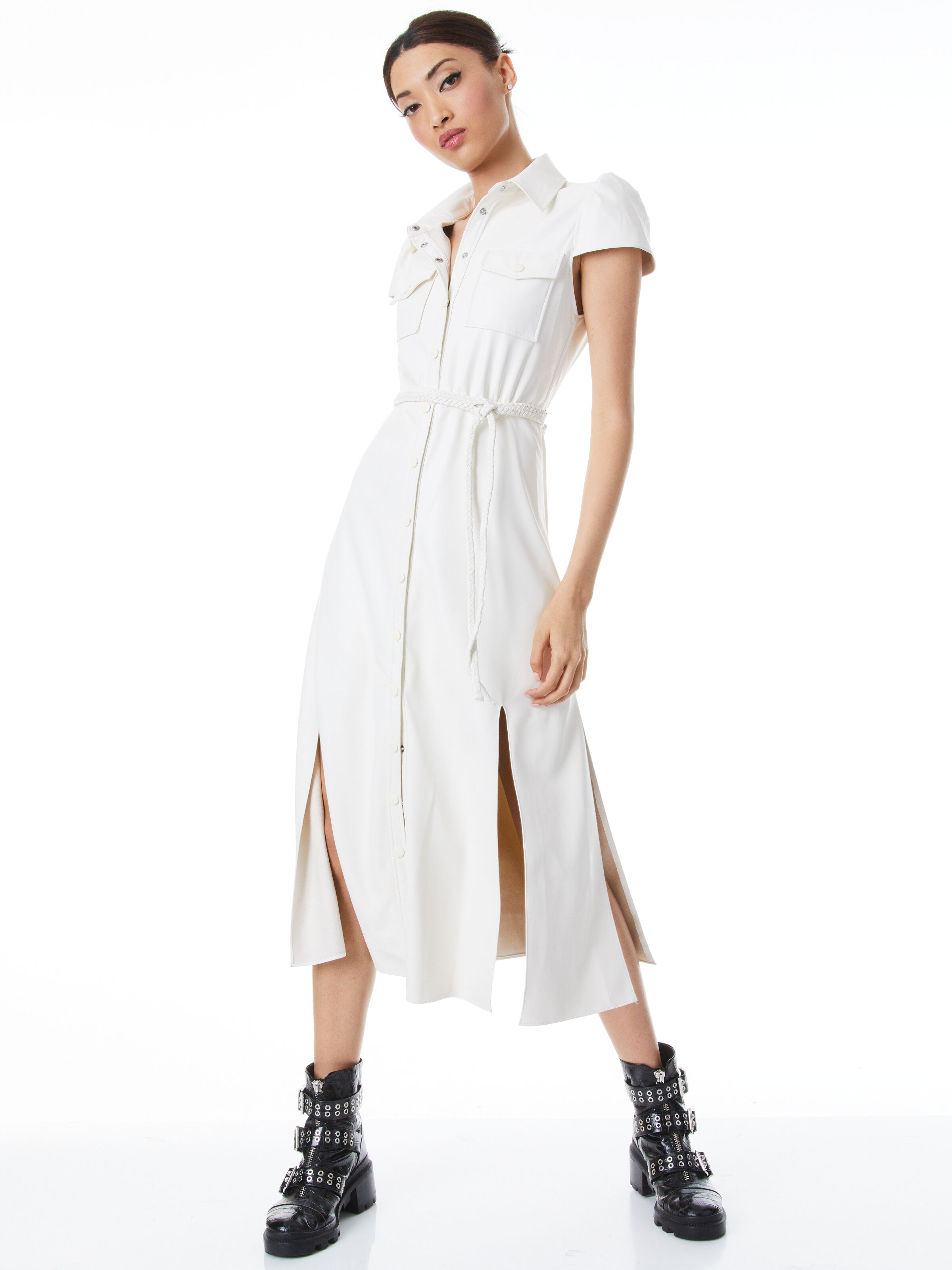 Miranda Short Sleeve Vegan Leather Midi Dress In Ecru Alice Olivia
