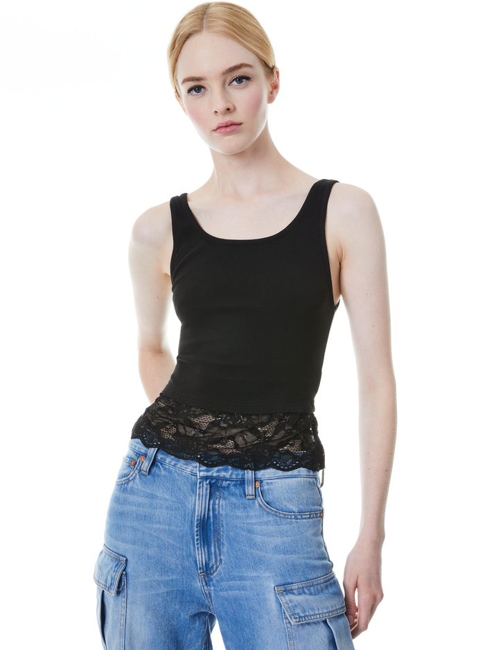 JEMI RIBBED LACE TANK - BLACK/BLACK - Alice And Olivia