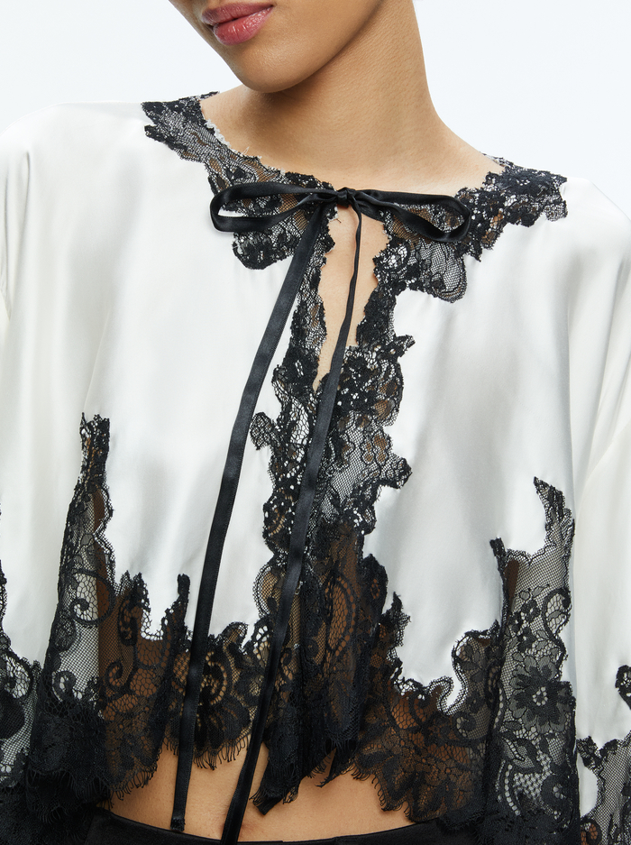 LOREE LACE TIE FRONT CROPPED JACKET - OFF WHITE/BLACK image 3 - Alice And Olivia