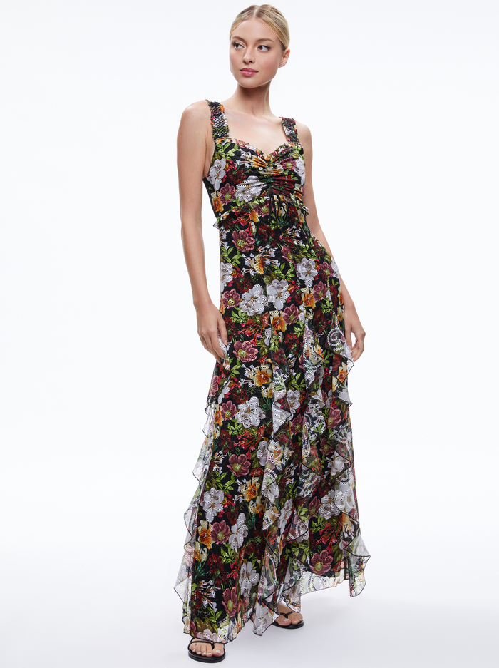 RUE GODET MAXI DRESS - JUNIPER FLORAL BLACK image 2 - Alice And Olivia