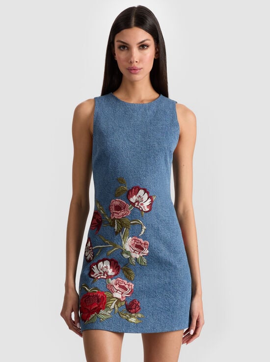 BROOKLYN BLUE/MULTI-CADE EMBROIDERED DENIM MINI DRESS
