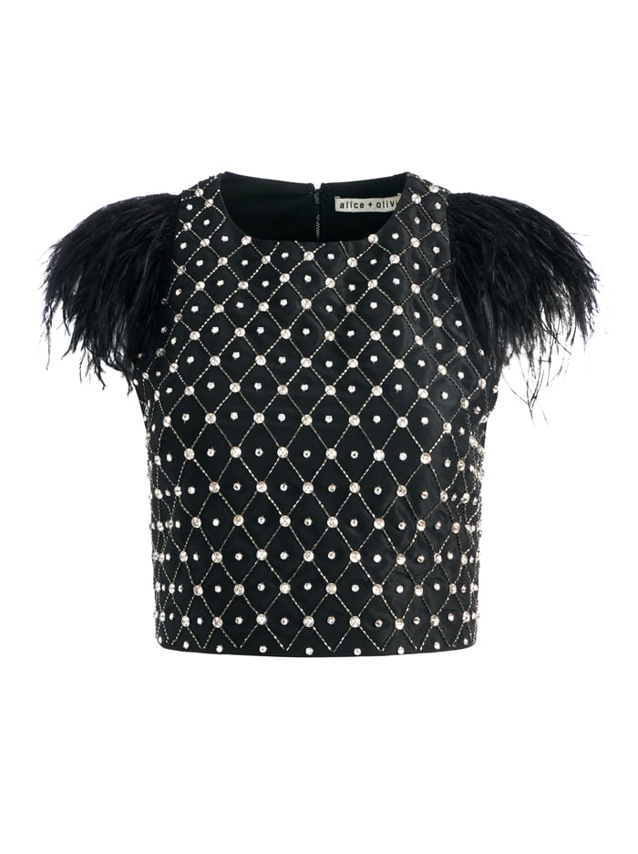 TAKISHA EMBELLISHED FLUTTER SLEEVE CROP TOP - BLACK/SILVER image 5 - Alice And Olivia