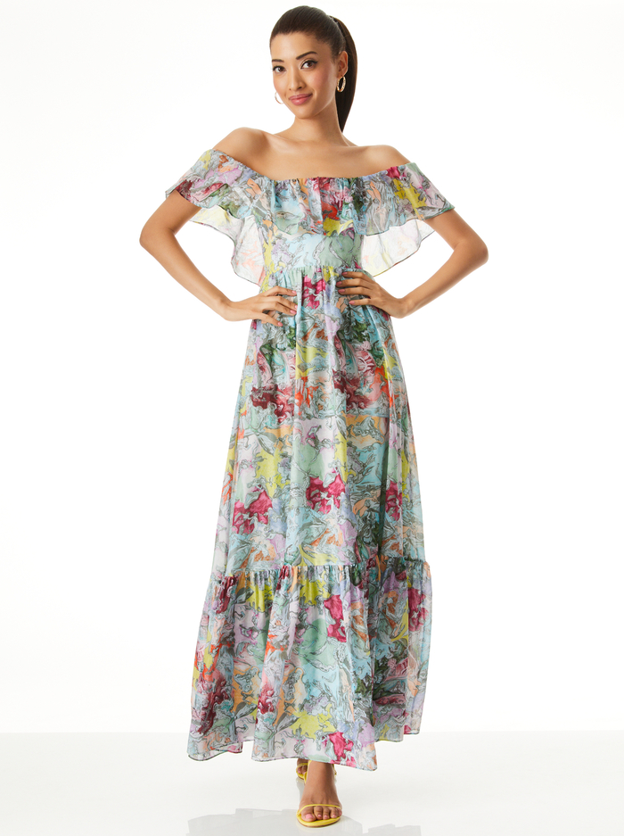 A+O X LOLA SCHNABEL TEMPIE RUFFLE OFF SHOULDER MAXI DRESS - LOLA