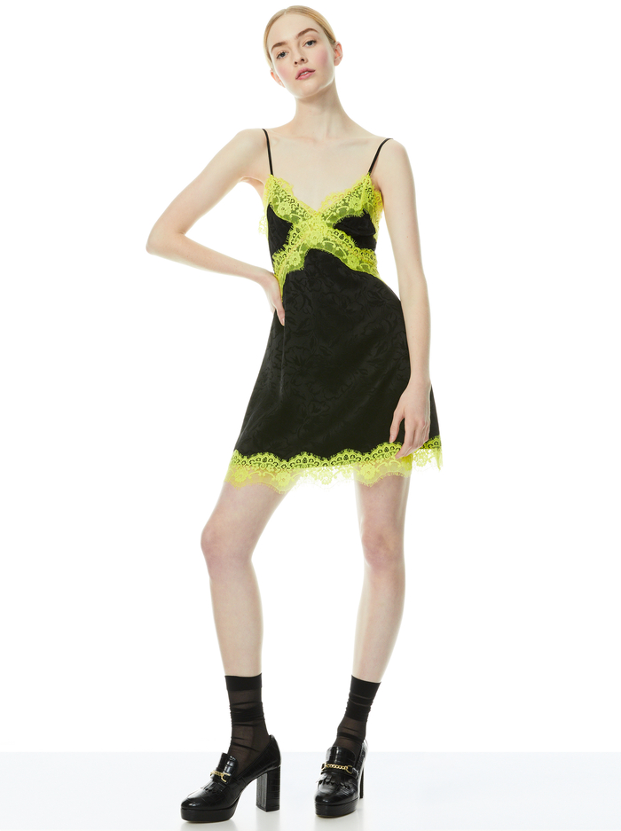 ZAIRA LACE TRIM MINI DRESS - BLACK/LIME PUNCH image 4 - Alice And Olivia