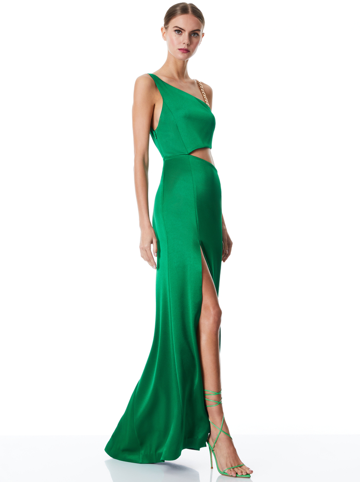KAROLINE CHAIN SHOULDER CUTOUT GOWN - EMERALD image 4 - Alice And Olivia