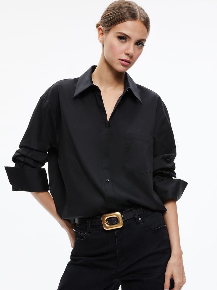 FINELY OVERSIZED BUTTON DOWN SHIRT - BLACK - Alice And Olivia