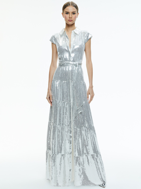 alice and olivia silver dress KELLY VEGAN MIDI DRESS in SILVER