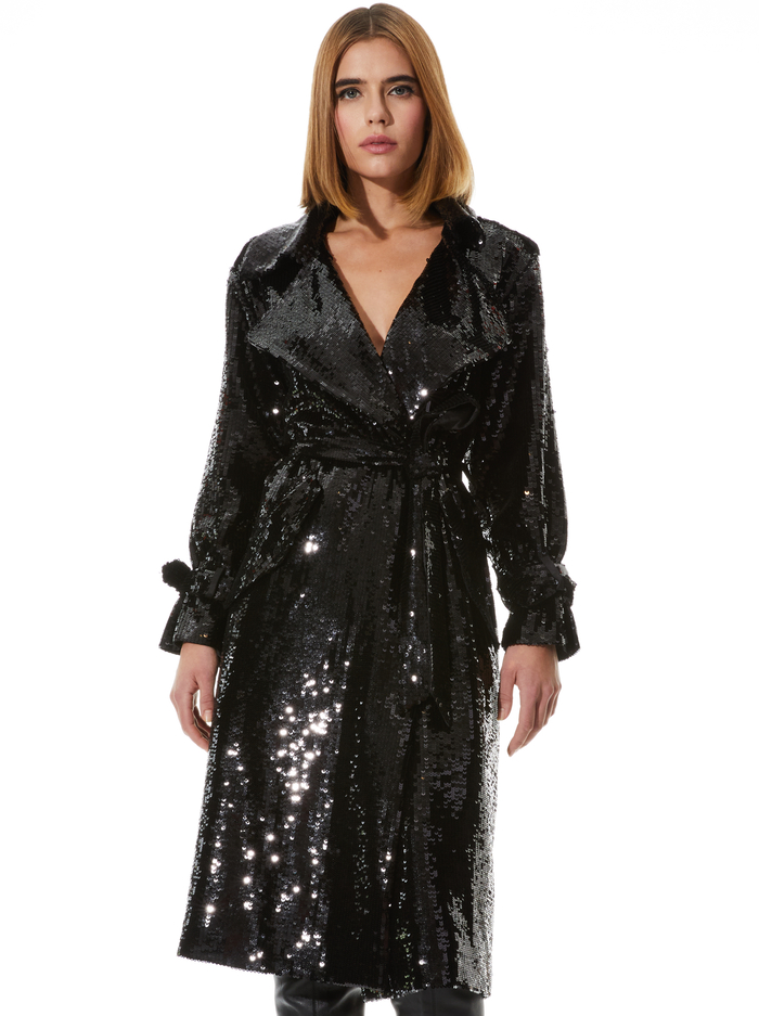 NEVADA SEQUIN EMBELLISHED TRENCH COAT - BLACK - Alice And Olivia