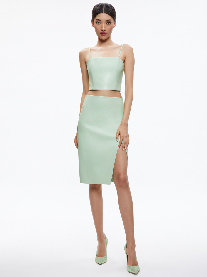 PEARLE PISTACHIO VEGAN LEATHER SPAGHETTI STRAP BUSTIER + SIOBHAN FRONT WRAP MIDI SKIRT - 